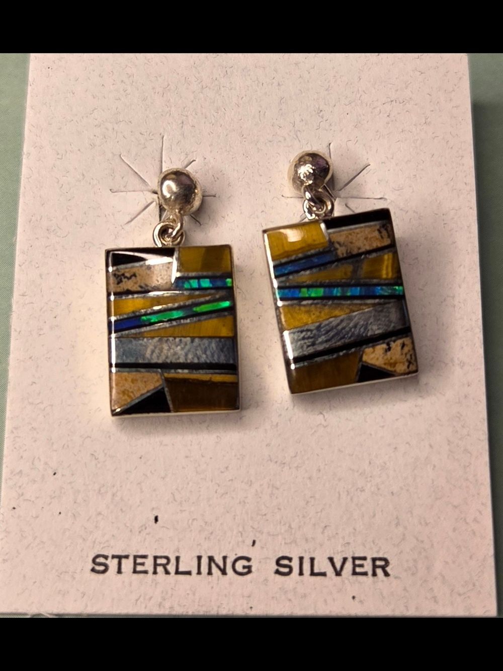 Signed VB Sterling Tigers Eye Onyx Opal Jasper Inlay Rectangle Drop Earrings